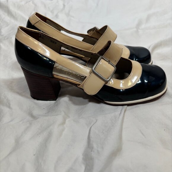 D'Armando Womens Beige Black Leather Buckle Mary Jane Block Heel Shoes Size 8.5M - Picture 1 of 10